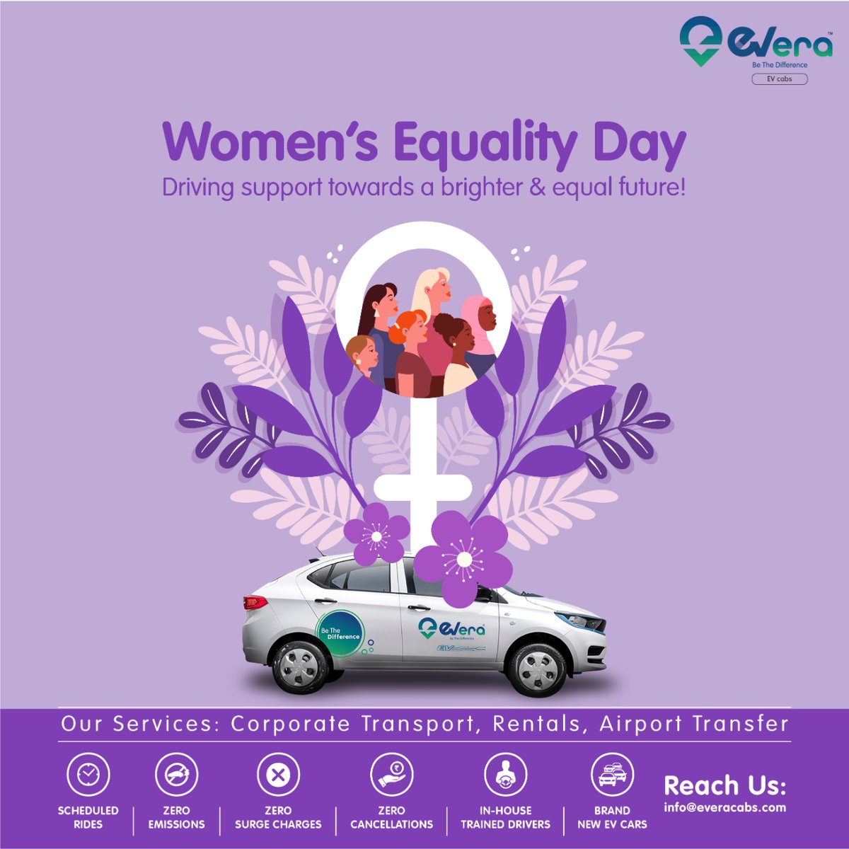 Empowering women to drive towards a sustainable and impartial society. 
@everacabs 
#WomensEqualityDay #WomensEquality #ReliableRide #zeroemissions #nopollution #ElectricCabs #airporttaxi #saveearth #cabservice #electriccars