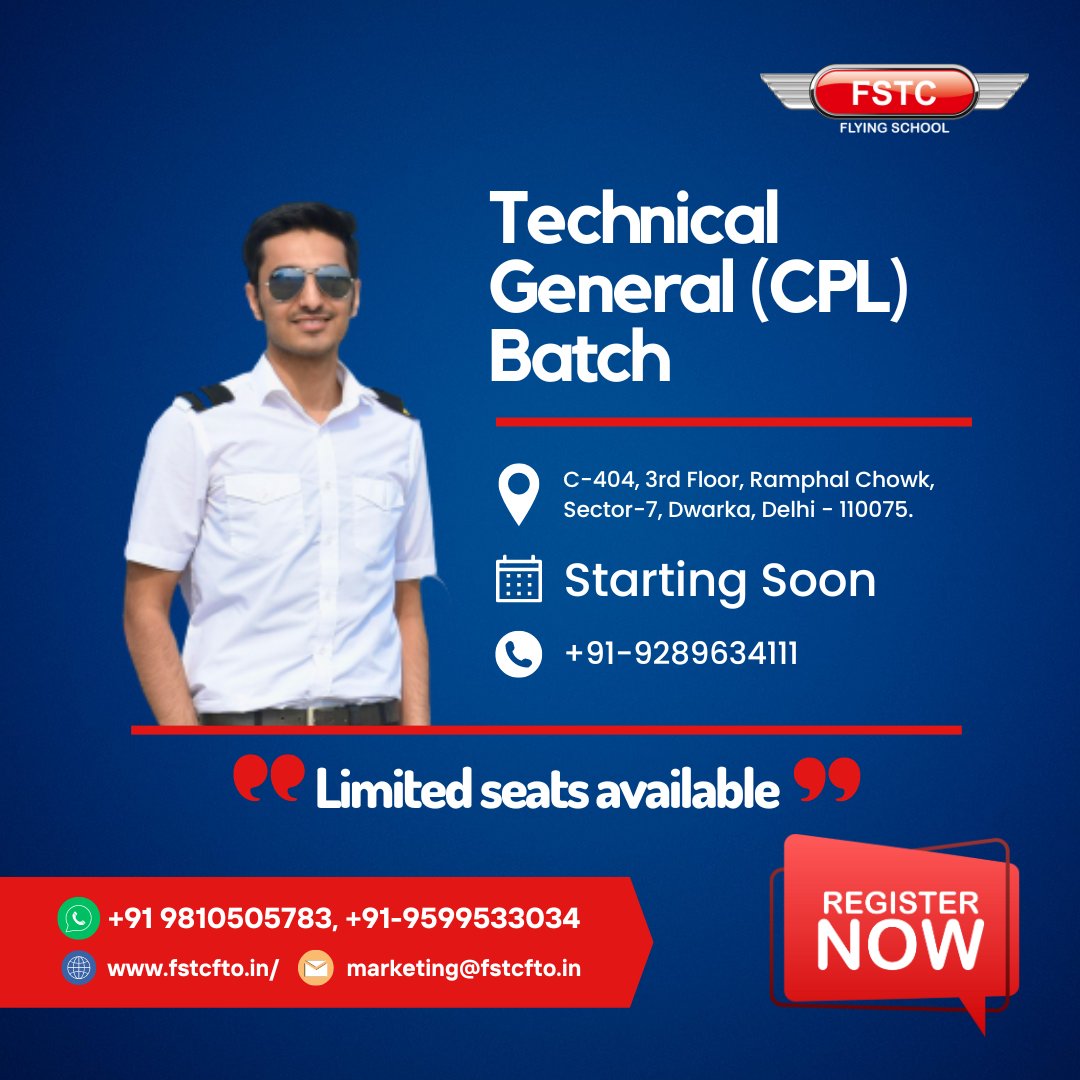 fstc_india's tweet image. #FSTCFlyingSchool announces commencement of  #TechnicalGeneral (#CPL) Batch at #Dwarka. We offer aspiring #pilots the opportunity to embark on their journey towards a successful #career in #aviation.
#Enroll today, 9289634111, 9810505783, marketing@fstcfto.in #fstc #groundclass