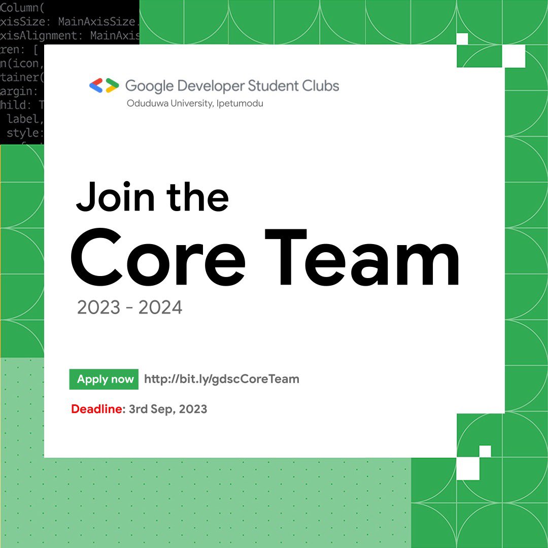 GDSCOUI's tweet image. Hello everyone 🥳
Applications are now open for multiple volunteer roles (Technical and Non-technical).Apply to be part of our Core Team while we move the community forward on our campus and beyond.
Fill out the form using this link > bit.ly/gdscCoreTeam
deadline: Sep 3