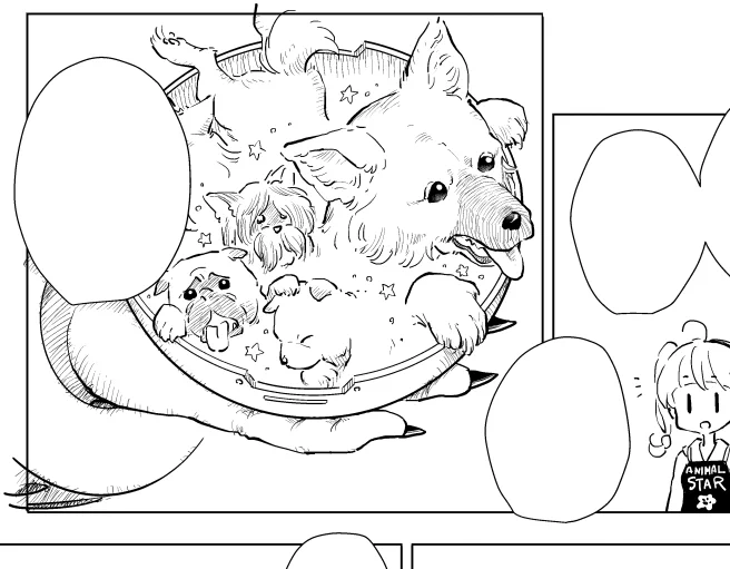秋の新刊の進捗。四次元カプセル(?)にしまわれちゃったわんこ達の図だけど見ようによってはややグr…😱この作品においてわんこ達への虐待は一切行われておりません🐶