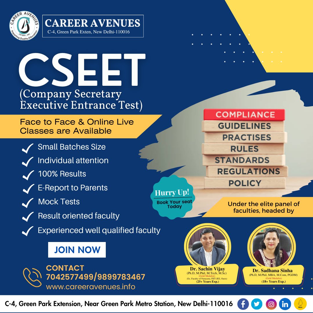 Career4Avenues's tweet image. 📚 Elevate Your CEET Company Secretary Exam Preparation with Our Expert Coaching Classes! 📚

Unlock Your Potential and Excel as a Company Secretary with Our Comprehensive Coaching Program!

 Enroll Now and Transform Your Preparation!

#cseetexam #cseet #cs #companysecretary