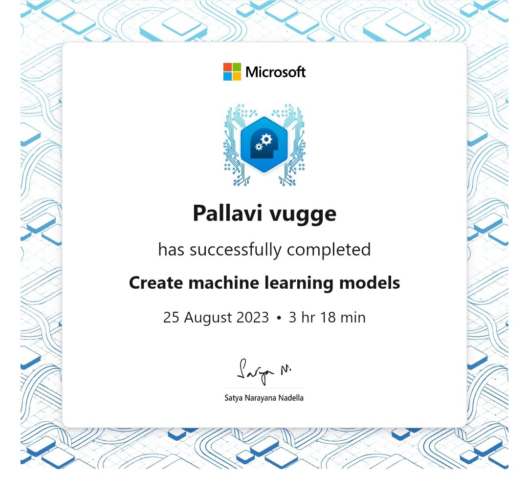 VuggeP's tweet photo. Hello people.. today I have received certificate for successfully completing course on "create machine learning models" from @Microsoft https://t.co/e8eMBByrhx