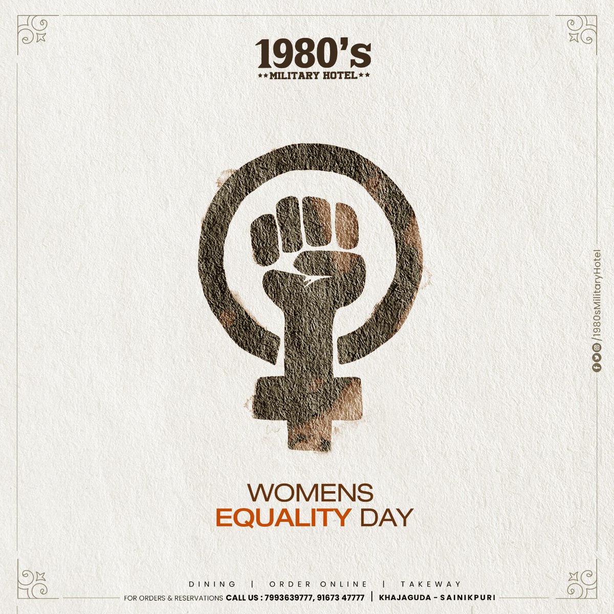 1980smilitary's tweet photo. Men, their rights, and nothing more; women, their rights, and nothing less. Celebrating Women's Equality Day! ♀️✨

#WomensEqualityDay #Equality #1980sMilutaryHotel #Hyderabad #Khajaguda #Manikonda  #Sainikpuri #GenderEquality https://t.co/l0jjCRu4oH