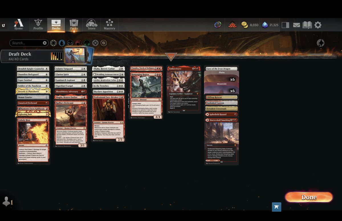 MythicMattmtg's tweet photo. Been having a blast jamming the arena cube and can't wait for the open! Started off drafting blue recently but red and white were so open that even after switching into it I can't figure out the last four cuts... What would you drop here? https://t.co/PUbJiIRrxs