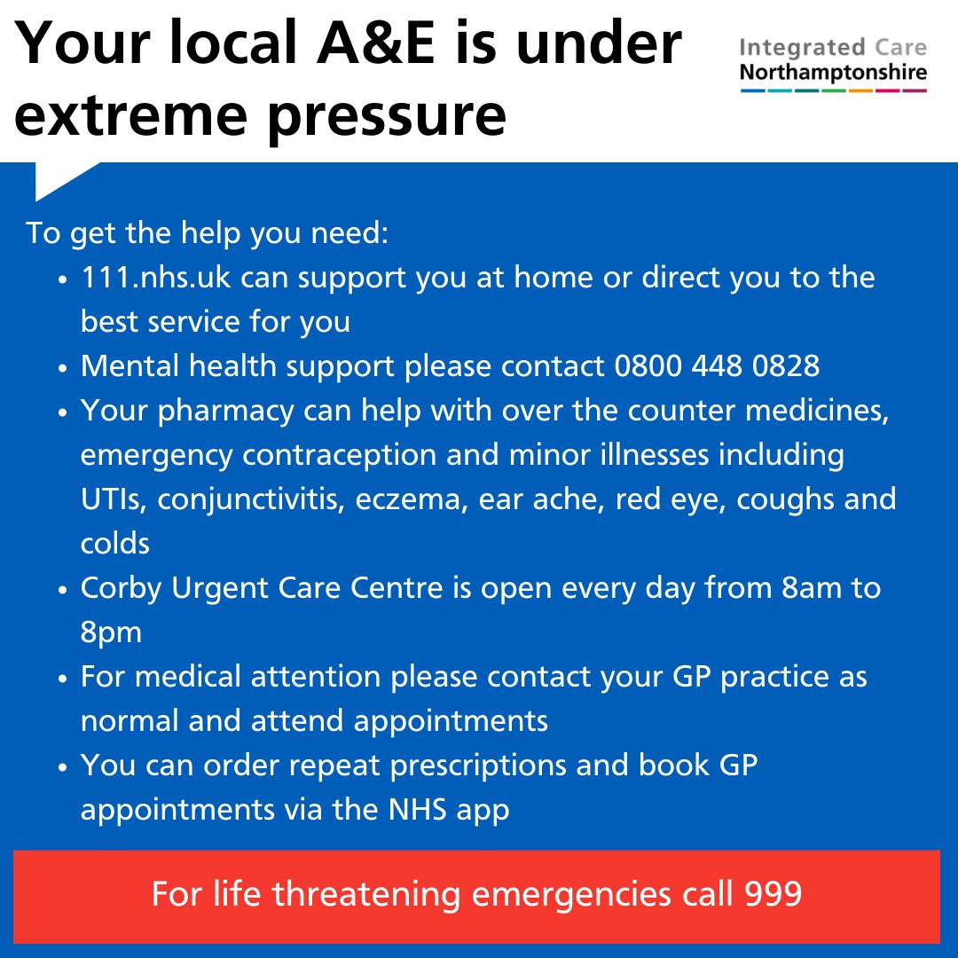 Strike action from 24-26 August will put our hospitals under extreme pressure To get the help you need: · 111.nhs.uk can assess and direct you · Contact 0800 448 0828 for mental health support · Use pharmacies for minor illnesses · Corby UCC is open from 8am to 8pm