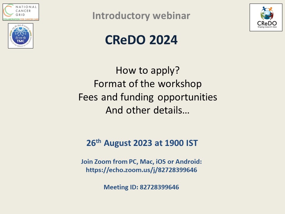 Log in to learn about how to apply for the incredible <a href="/credoworkshop/">CReDO</a> on research methods. Some of the best clinical trialists, biostatisticians and researchers globally mentor participants practically one to one. Scholarships available
7 PM IST today
echo.zoom.us/j/82728399646