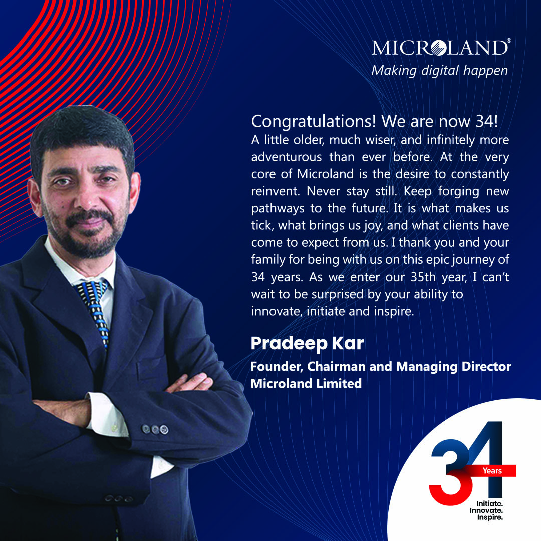 MicrolandLtd's tweet photo. As the rhythm of celebration echoes through Microland, we embrace the joy of #ML34 with a spirit of togetherness and excitement. Here’s what Chief Microlander Pradeep Kar has to say on paving the path to #InitiateInnovateInspire
#ML34 #makingdigitalhappen https://t.co/ybgudppBb3