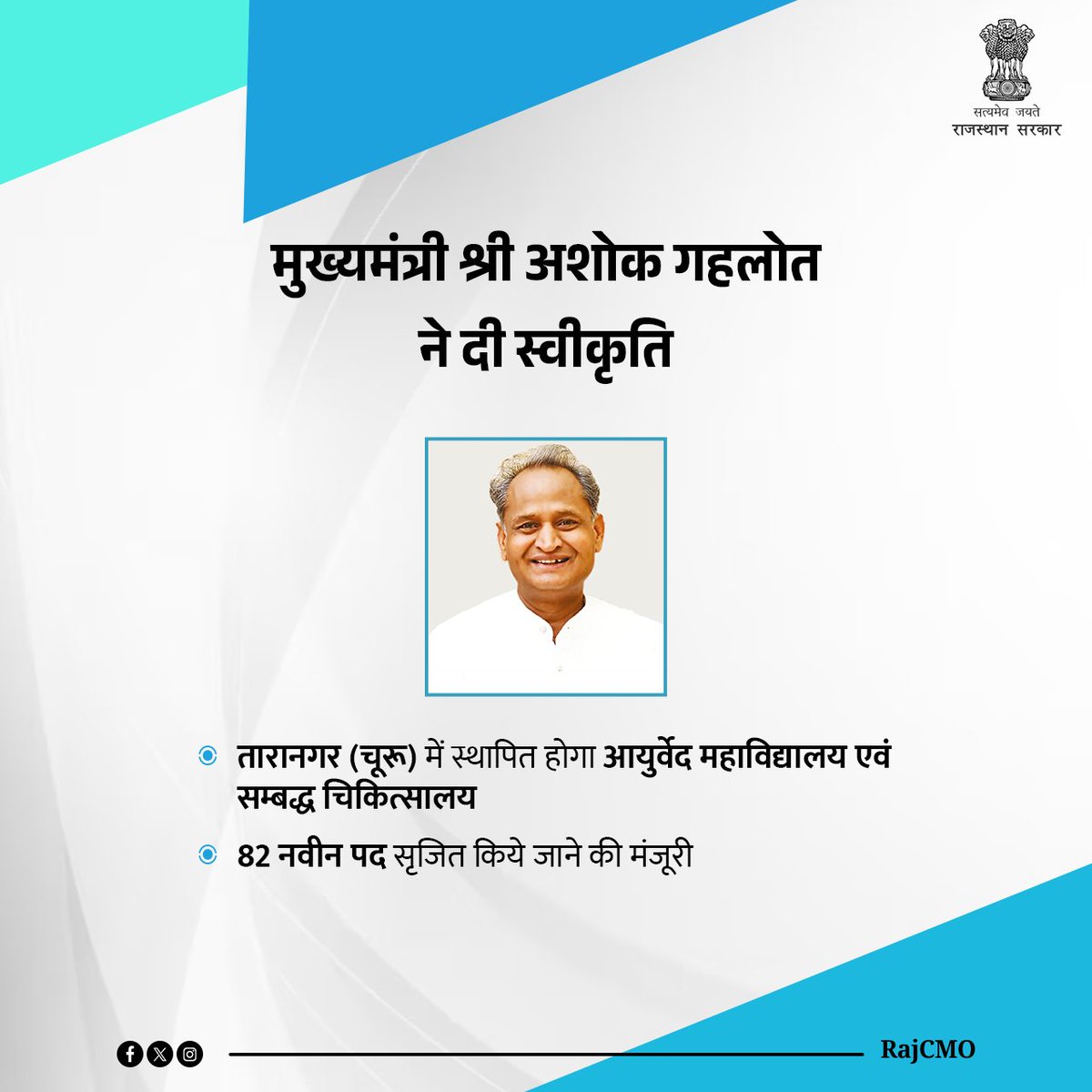 मुख्यमंत्री श्री <a href="/ashokgehlot51/">Ashok Gehlot</a> ने तारानगर (चूरू) में आयुर्वेद महाविद्यालय एवं सम्बद्ध चिकित्सालय की स्थापना के लिए 20 करोड़ रुपये की राशि व्यय किये जाने की स्वीकृति प्रदान की है। साथ ही, उन्होंने इन संस्थानों के लिए 82 नवीन पद सृजित किये जाने की भी मंजूरी दी है।