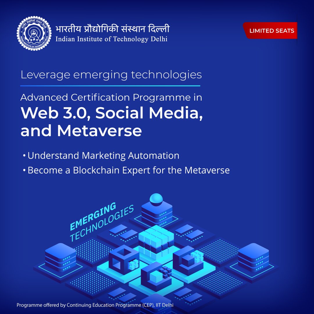 arpankar's tweet photo. 6 month online Advanced Certification on Web 3.0, Social Media and Metaverse for working professionals. The content is techno-functional, geared towards careers in internet businesses like e-commerce industries, social media, digital marketing &amp; startups. 
https://t.co/PJzD5xmIo7 https://t.co/HedSDaQfw2