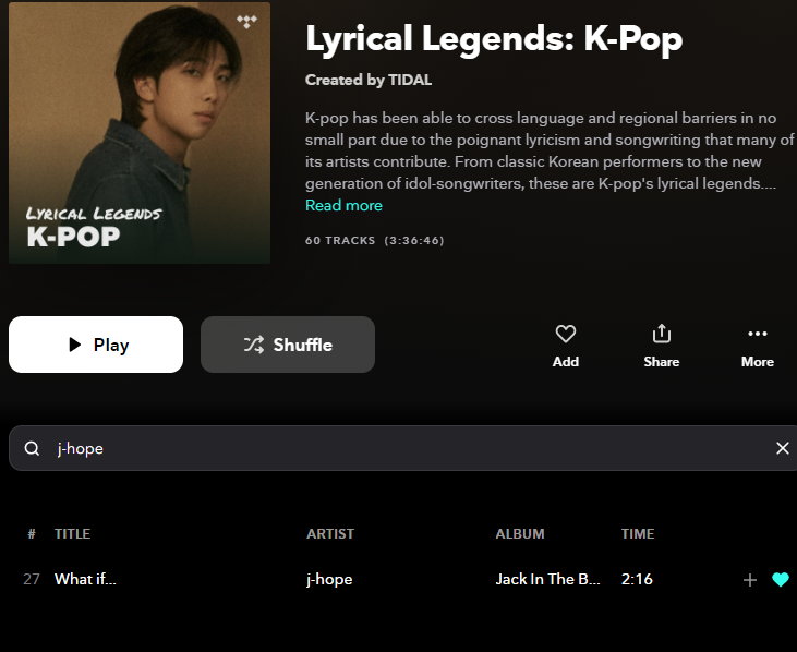 #JHope_WhatIf is #27 in Tidal's Lyrical Legends K-Pop playlist!

Stream What If... 
🎧tidal.com/browse/track/2…