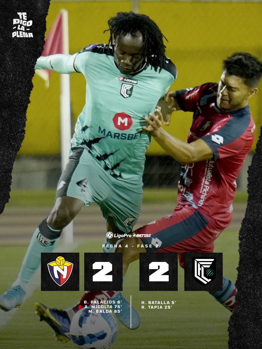 #TeDigoLaPlena | #LigaProBet593 🇪🇨 

FINAL
<a href="/elnacionalec/">Club Deportivo El Nacional</a> 2️⃣-2️⃣ <a href="/Cumbaya_Oficial/">Cumbayá Fútbol Club</a> 
 
¡EMPATE EN LOS MINUTOS FINALES!

El Nacional rescató un punto con el gol de Manu Balda, con un gran golpe de cabeza. Batalla y Tapia anotaron Cumbaya.

🟥 Andrés Micolta