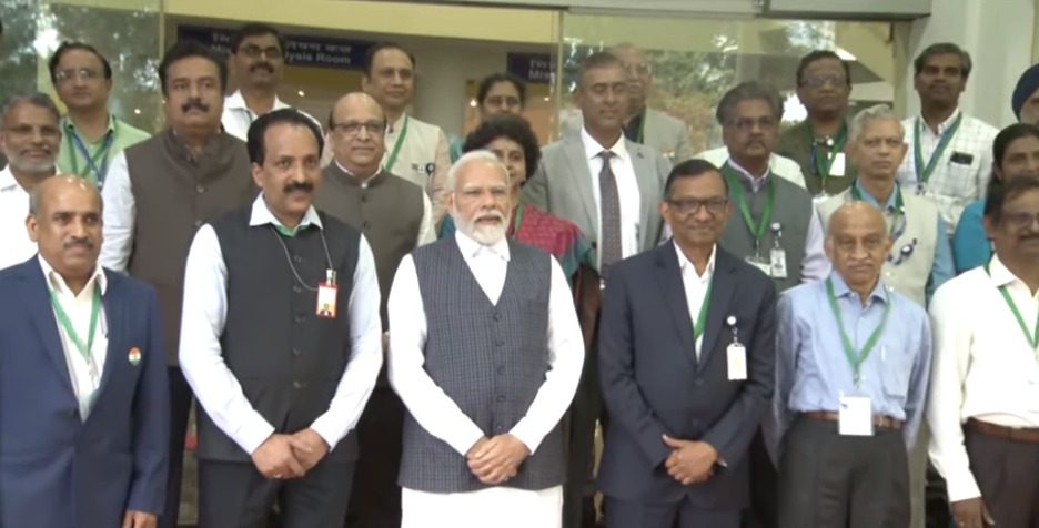 PTI_News's tweet photo. PHOTO | PM Modi meets ISRO chief S Somanath and other scientists in Bengaluru. https://t.co/1LPztbuW5A
