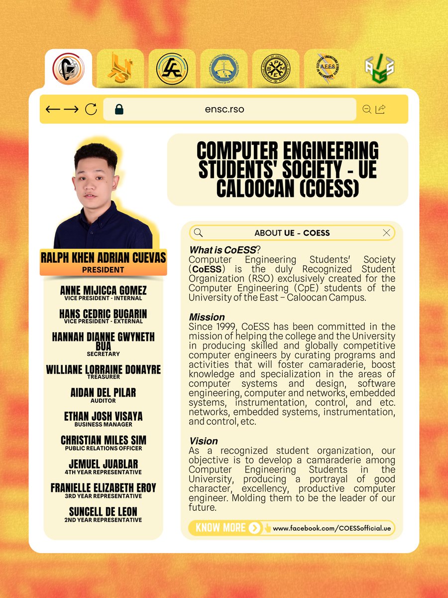 UECENSC's tweet photo. COmputer Engineering Students’ Society (COESS)
League of Information Technology Students (LITS)
Association of Civil Engineering Students (ACES)
Electronic Engineering Society - Institute of Electronic Engineers of the Philippines (ECES-IECEP) https://t.co/cNy7PyRAt7