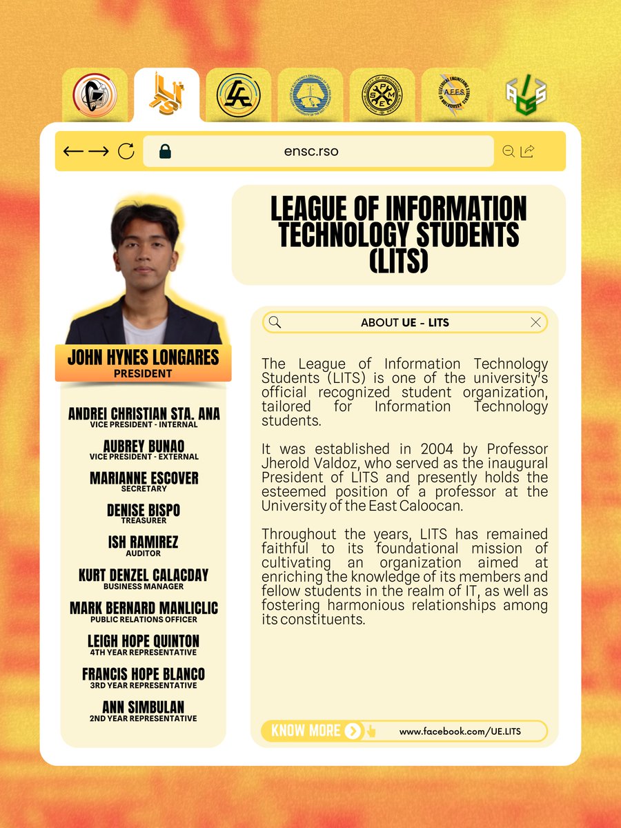 UECENSC's tweet photo. COmputer Engineering Students’ Society (COESS)
League of Information Technology Students (LITS)
Association of Civil Engineering Students (ACES)
Electronic Engineering Society - Institute of Electronic Engineers of the Philippines (ECES-IECEP) https://t.co/cNy7PyRAt7