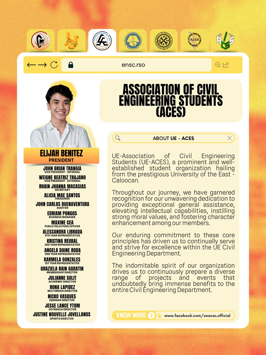 UECENSC's tweet photo. COmputer Engineering Students’ Society (COESS)
League of Information Technology Students (LITS)
Association of Civil Engineering Students (ACES)
Electronic Engineering Society - Institute of Electronic Engineers of the Philippines (ECES-IECEP) https://t.co/cNy7PyRAt7