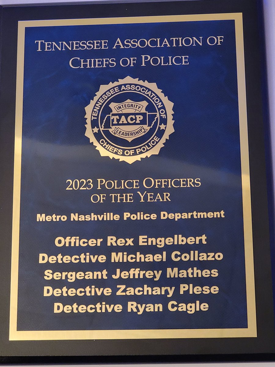 MNPDNashville's tweet photo. Our 5 officers from the Covenant School case have just been named TENNESSEE'S POLICE OFFICERS OF THE YEAR by the Tennessee Association of Chiefs of Police at its meeting in Knoxville.  Congrats to Zach Plese, Jeff Mathes, Rex Engelbert, Mike Collazo &amp; Ryan Cagle!! https://t.co/T5ZlD8lzUK