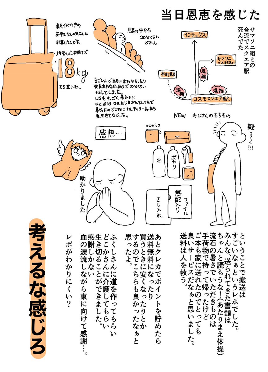【赤ブーの荷物の搬入を初めてやってみた】
これまで手持ち搬入しかしたことなかったおぢさん。
6月ふくし氏がレポしてくださった赤ブーさんの搬入の件ですが、8月やってみて最高に感動したのでレポ描きました。