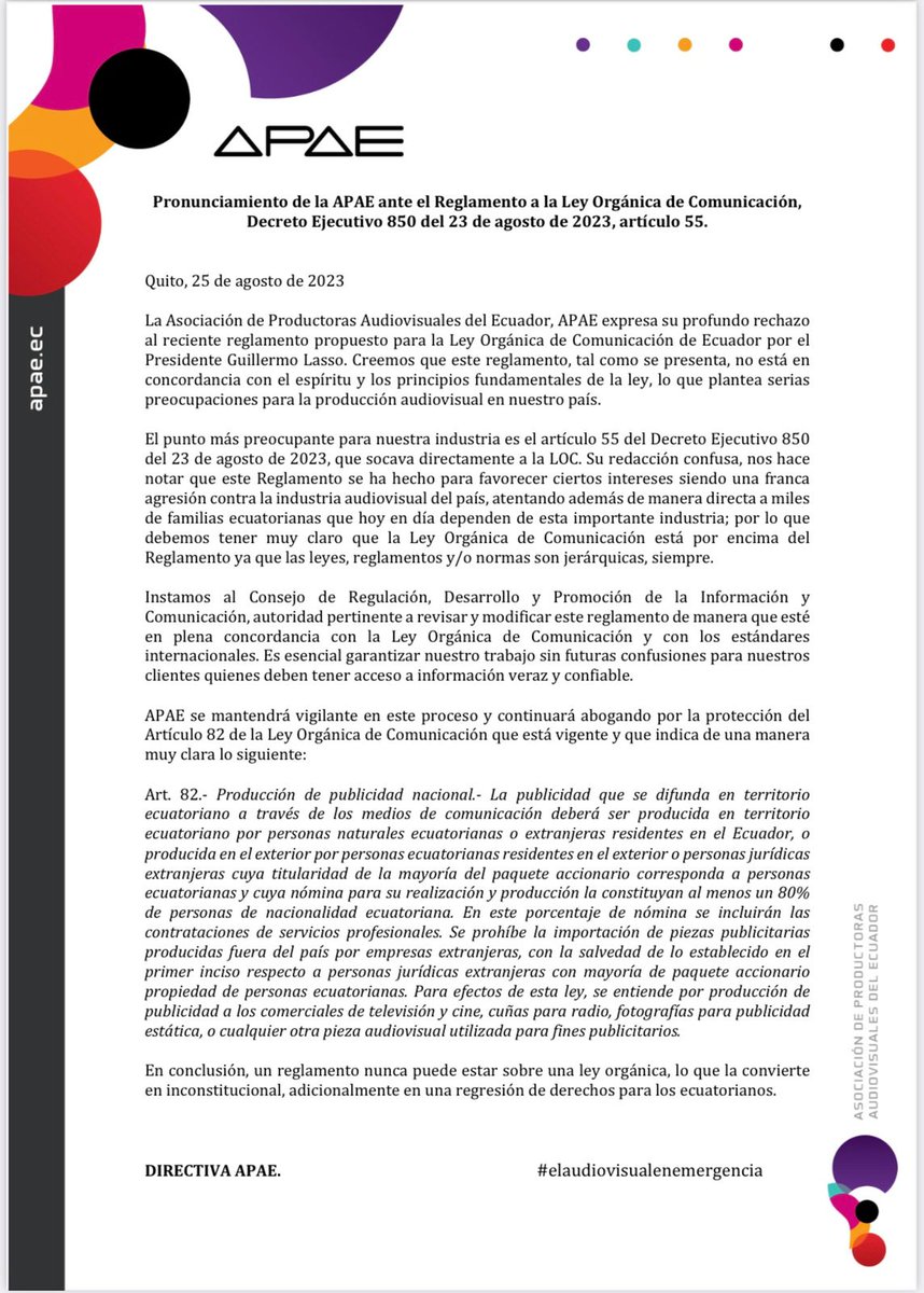 <a href="/LassoGuillermo/">Guillermo Lasso</a> El artículo 55 del Decreto Ejecutivo 850 del 23/08/2023, socava directamente a la LOC. Su redacción confusa denota que está hecho para favorecer ciertos intereses siendo una franca agresión contra la industria audiovisual del país. #elaudiovisualenemergencia