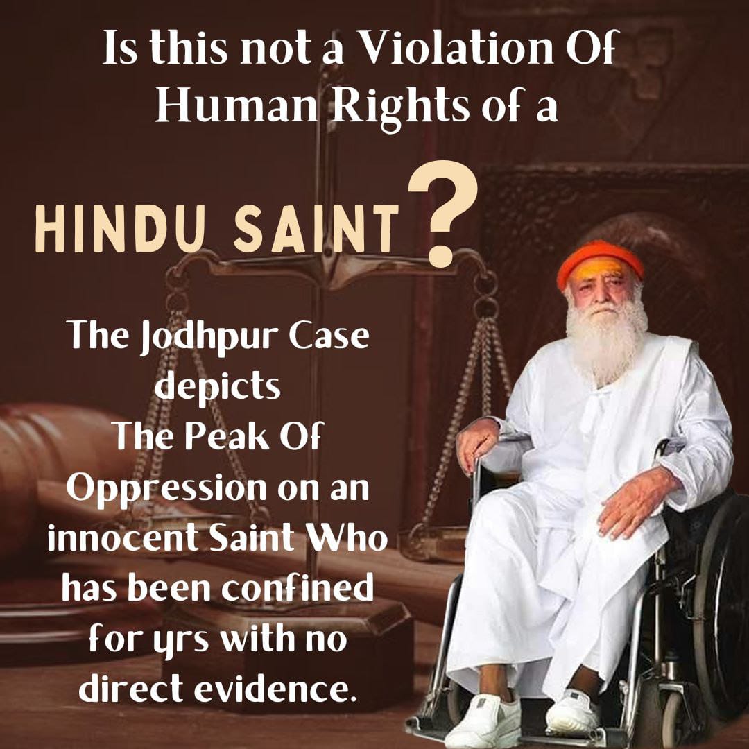 YssSpeaks's tweet photo. We have hardcore criminals, the ones who scammed millions of dollars, enjoying their life after being freed on bail since years.

On the other hand आसाराम बापू whose conviction order states: 'No evidence found; conviction based on Testimony of the complainant' has His Human Rights Denied.

Wrongful conviction, No bail, parole even for medical treatment since a decade. If this is not Peak Of Oppression, then what is?
#प्रतीक्षा_की_पराकाष्ठा