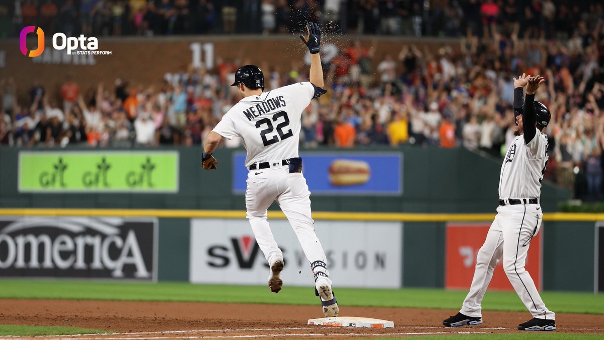 OptaSTATS's tweet photo. Parker Meadows of the @tigers is the only MLB player to have a walkoff 3-run HR (or grand slam) in the bottom of the 9th for his first career RBI (since RBI became an official stat in 1920). https://t.co/L6p3mItDKW