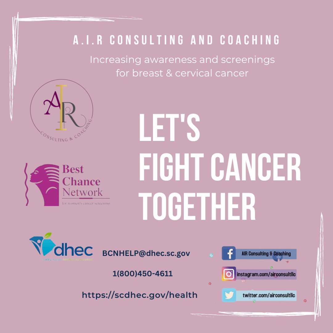 airconsultllc's tweet image. Let’s fight cancer together. Get your screenings today. A.I.R. is teaming up with Best Chance Network to increase awareness and screenings for breast and cervical cancer. #AIR #BCN #DHEC #CancerAwareness #Screenings #EarlyDetection #FightCancer