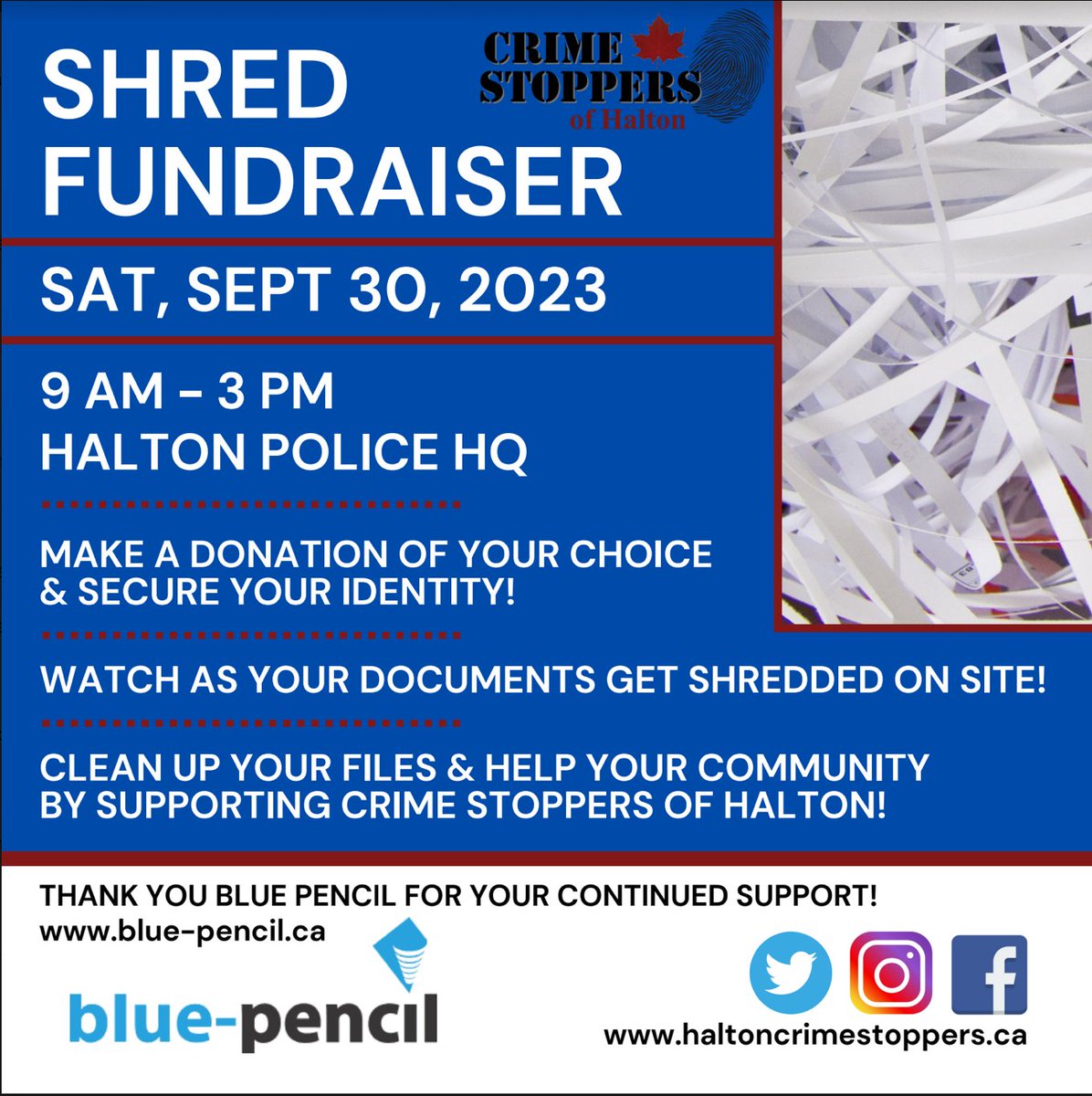 crimestoppersha's tweet photo. Our SHRED fundraiser is coming up fast in just over a month! Securely dispose of your paperwork and documentation while keeping your community safe! Thank you to Blue Pencil for your ongoing support!
@HaltonPolice @ChiefTanner @DeputyWilkie @BluePencil_Info https://t.co/6BlRL8hkX5