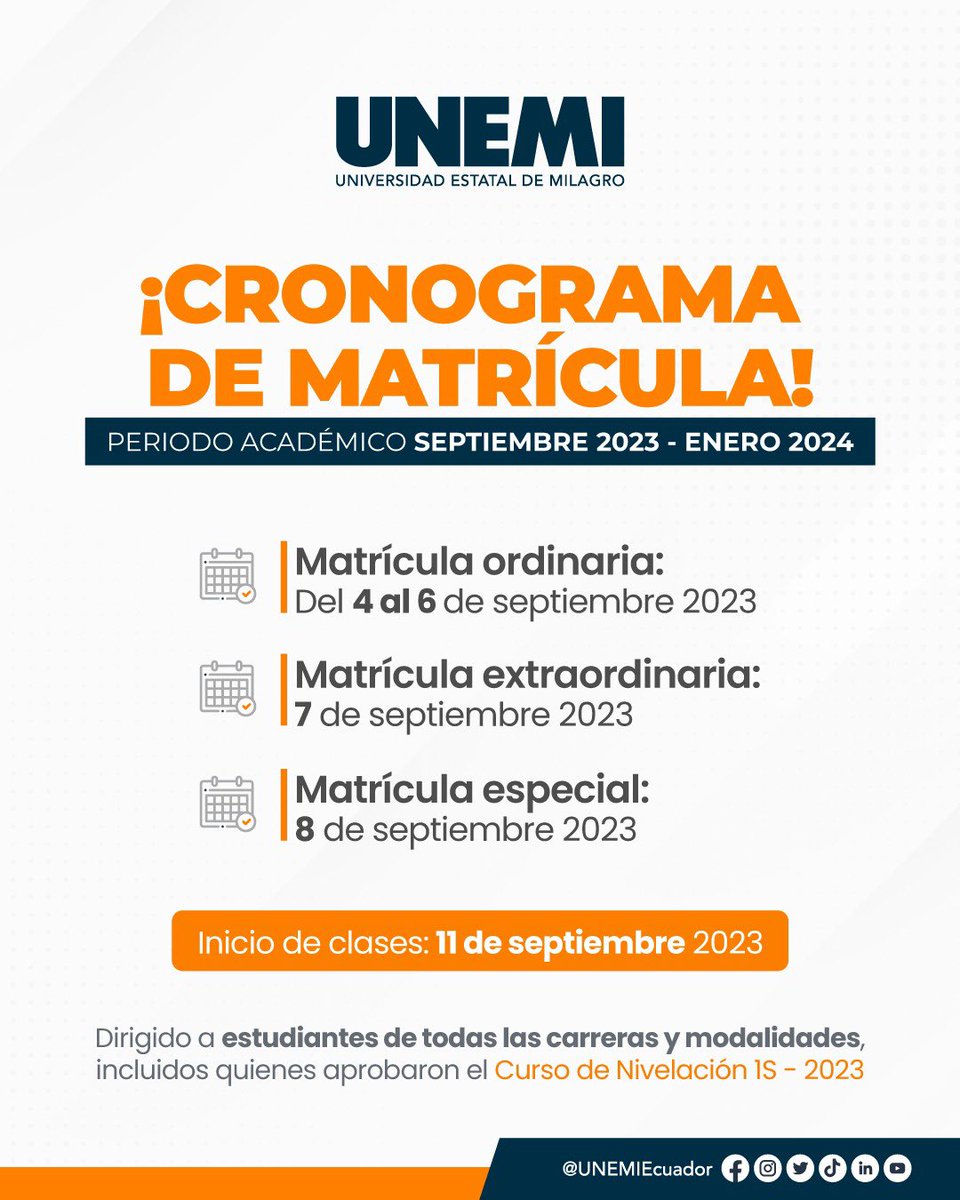 UNEMIEcuador's tweet photo. 🤓 Conoce las fechas en las que podrás realizar el proceso de matriculación. 👇🏻 

Dirigido a estudiantes de todas las carreras y modalidades, y a quienes aprobaron el Curso de Nivelación 1s-2023. 👩🏻‍💻 https://t.co/xVIZpGpTtY