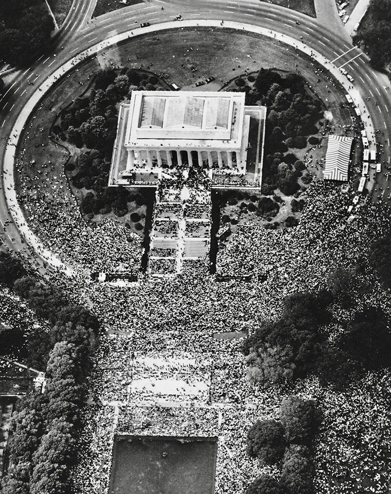 BeschlossDC's tweet photo. Overhead photograph of March on Washington as Martin Luther King, Jr., speaks at Lincoln Memorial, sixty years ago next week:                   #AP https://t.co/dpDwToO70w