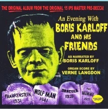 ‘An Evening with Boris Karloff and His Friends. This album consisted of audio clips from several Universal horror films, and a Don Post Frankenstein monster mask featured on the cover. The last picture is a later reissue. 
#frankiestein #HorrorCommunity #vintagevinyl
