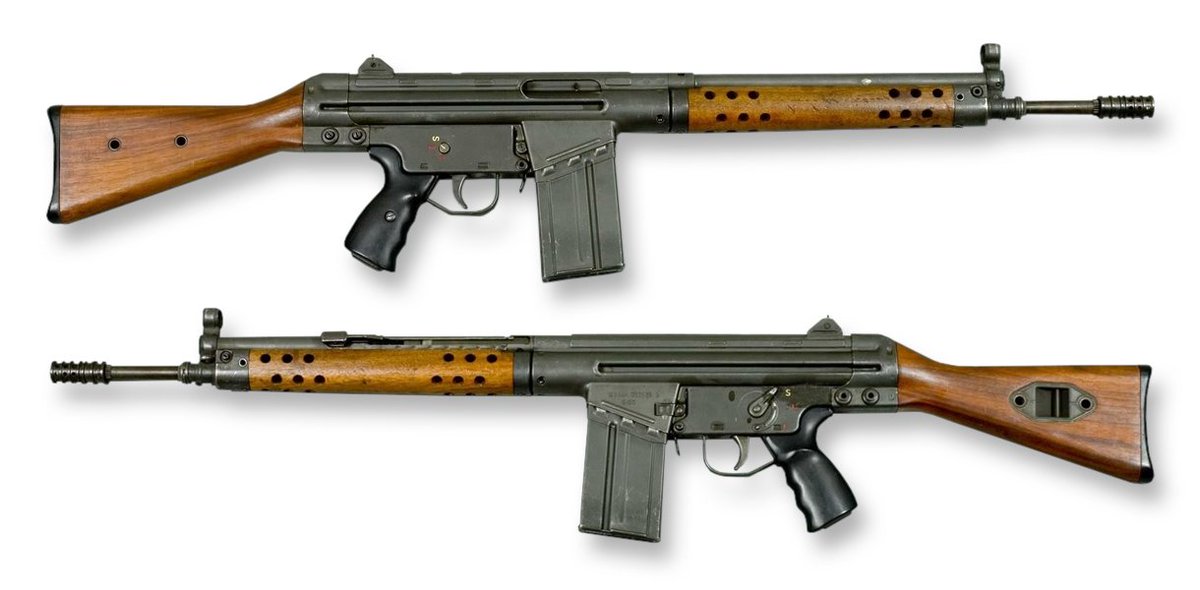 Gunsbot's tweet photo. H&amp;K G3
西ドイツが長らく配備していたH&amp;K社製の自動小銃で、
性能や���績への評価が高く、傑作ライフルと評される
ローラーロッキング機構によるディレイドブローバック方式を採用
ボルトストップ機能を搭載していないため、リロードの際に再コッキングが必要だった
https://t.co/BZeAyjBsVi