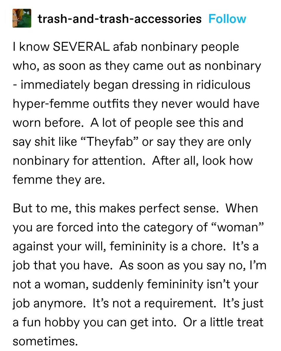 nortoncampbeII's tweet photo. @Potatopolitics the first is also like. afab nonbinarys who become much more secure in their femininity after discarding their female identity bc it becomes a choice instead of an obligation https://t.co/IIM9vBvNNQ