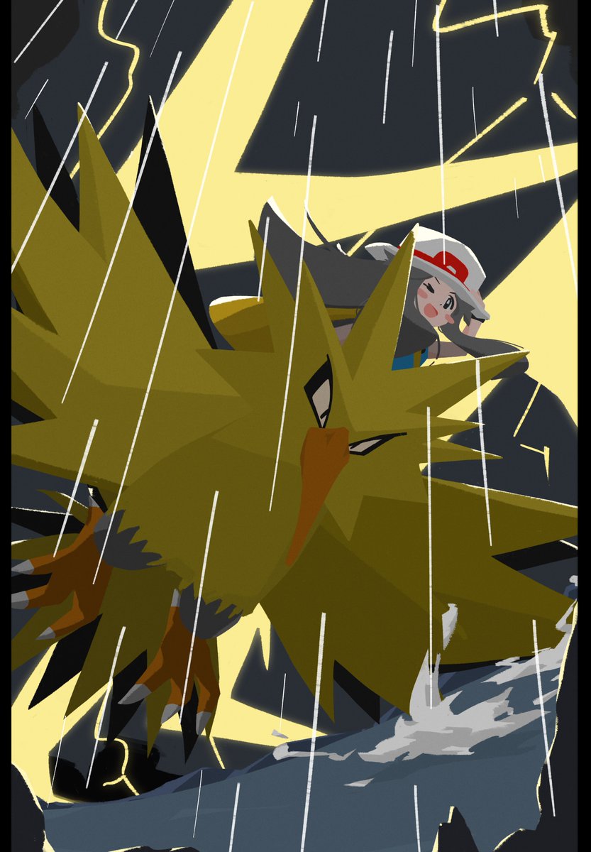 leaf (pokemon) 1girl pokemon (creature) hat rain open mouth white headwear riding pokemon  illustration images