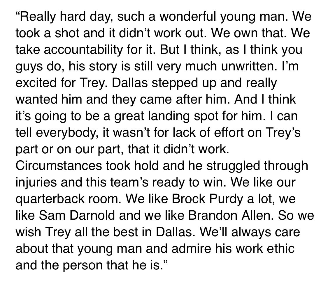 TomPelissero's tweet photo. #49ers GM John Lynch spoke about the Trey Lance trade to Dallas on the team’s preseason broadcast: “(I)t wasn’t for lack of effort on Trey’s part or on our part, that it didn’t work. Circumstances took hold and he struggled through injuries and this team's ready to win.” https://t.co/ZjU3ehdNCI