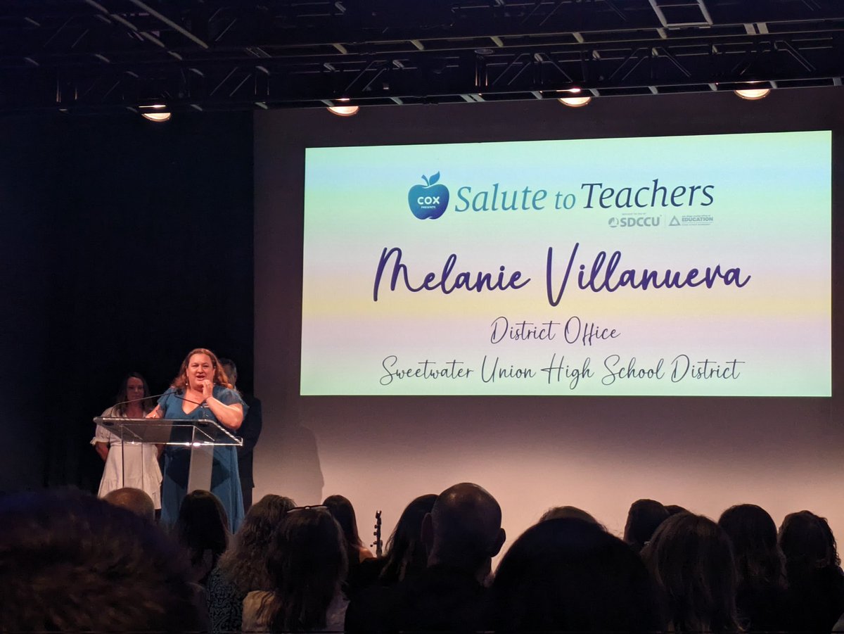 New San Diego County Teacher of the Year Melanie Villanueva thanks all the teachers in the room - 'We know how truly difficult and wonderful and amazing and terrible this job is' - and her mom, who was a teacher. #CoxSalute