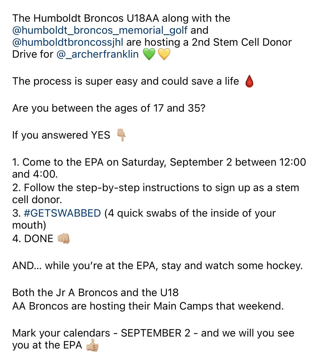 Getting swabbed to see if your a match couldn’t be easier… come on out to EPA Sept 2! 

Let’s do this for Archer! 💚💛

If your coming to camp anyways, take a few minutes to help save a life. 

#letscometogetherbroncos