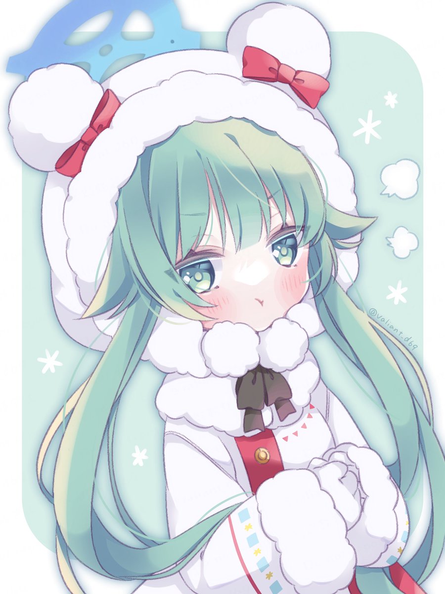 1girl green hair pout fur trim long hair green eyes coat  illustration images