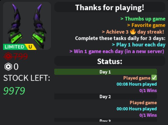 RED_RBLX7's tweet photo. ¡New Limited Free in Game! 🎮

This article is now available for free with 10,001 free copies.

Game: https://t.co/GoCCzlFl1f
Item: https://t.co/Ld5UMNMDLA
(Complete these tasks daily for 3 days to get) https://t.co/MotgxucDlL