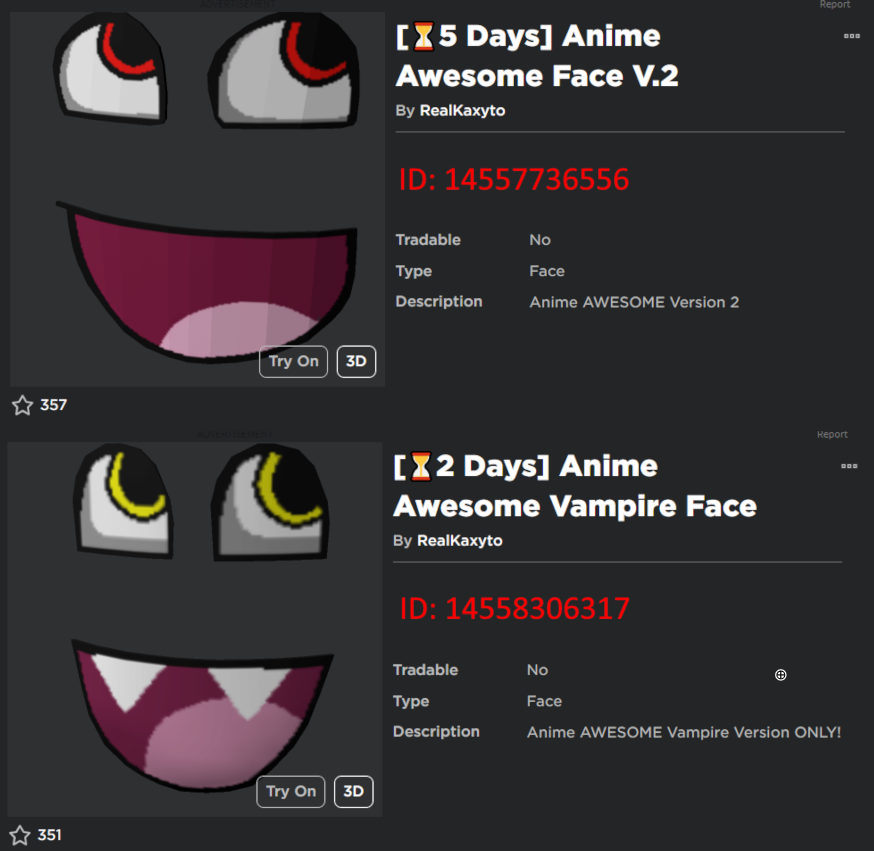 Peak” UGC on X: UGC creator Pxnn7 uploaded a 1:1 copy of the item Epic  Vampire Face. This is the 2nd one from this creator. #Roblox #RobloxUGC   / X