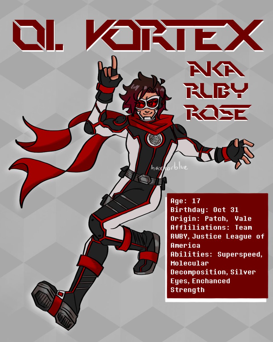 the first jlxrwby part 2 redesign: Ruby AKA Vortex! Thought I'd give her a superhero name as well
#rwby #RWBYxJL #rwbyfanart