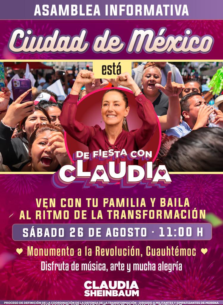vecinosclaudia's tweet photo. 🎊𝑨𝑺𝑨𝑴𝑩𝑳𝑬𝑨 𝑰𝑵𝑭𝑶𝑹𝑴𝑨𝑻𝑰𝑽𝑨🎊
Mañana Sábado 26 de agosto ven a bailar al ritmo de la transformación.💃🏽🕺🏽❤️

📍La cita será en el Monumento a la Revolución, Cuauhtémoc a las 11:00hrs 
𝗧𝗘 𝗘𝗦𝗣𝗘𝗥𝗔𝗠𝗢𝗦🕺🏽💗
•Recuerda que en la encuesta #Claudiaeslaqueapesta https://t.co/JqfZ7ZFTC3