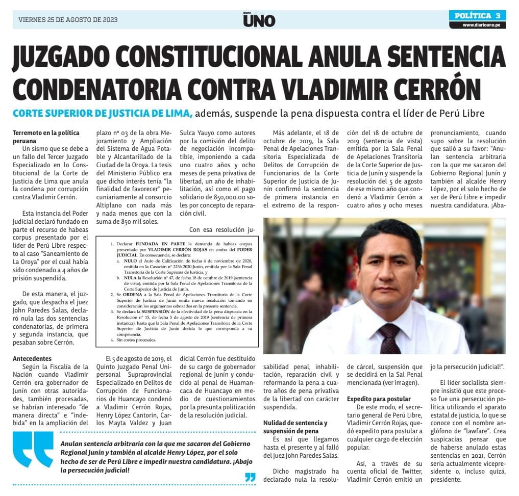 El Lawfare no solo era del poder judicial, también lo orquestaba la prensa empresarial. Hoy la justicia le reconoce la inocencia del Dr. @VLADIMIR_CERRON. Esto es un duro golpe a la Derecha, que camina en círculos y no publica nada sobre este historico fallo a favor del pueblo.