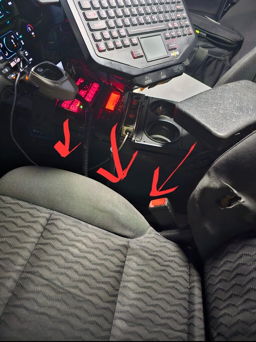 The space between the seat and the center console is apparently a portal to another dimension of time and space. Just dropped a driver's license down there on a traffic stop and nearly went on a journey into an alternate reality trying to recover it...
#nightshiftproblems