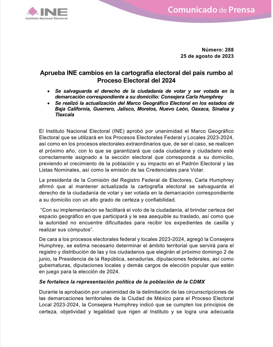 INEMexico's tweet photo. 📑 #BoletínINE | Aprueba INE cambios en la cartografía electoral del país rumbo al Proceso Electoral del 2024. https://t.co/XWUuxsuqh1 https://t.co/gkOVjOAQqn