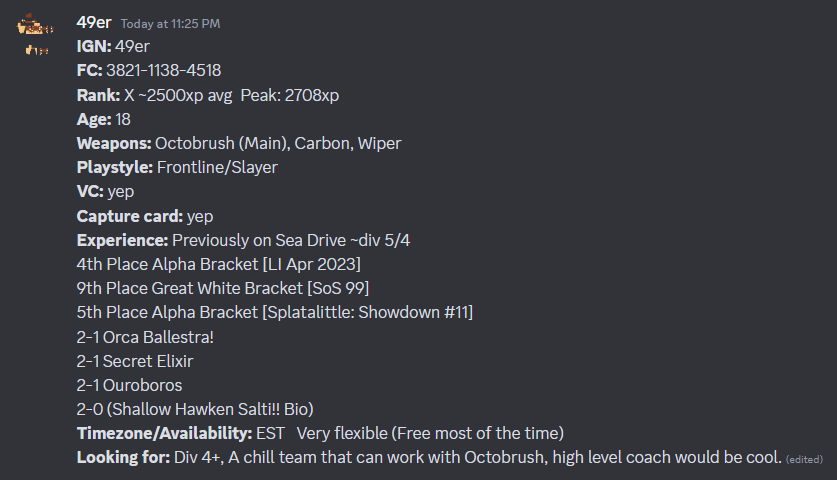 Miner_49er_'s tweet image. I'm looking to join a team for LUTI, so here's my fa post. Sendou: sendou.ink/u/464540981547… (I have amogus nft).  Feel free to dm 49er_ on discord or twitter. RTs and Likes are appreciated. @Spl_Teams