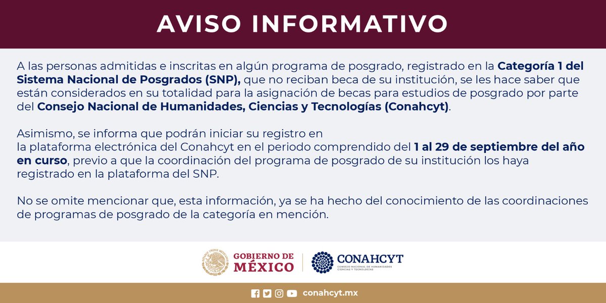 #AvisoInformativo | Sistema Nacional de Posgrados. Categoría 1.