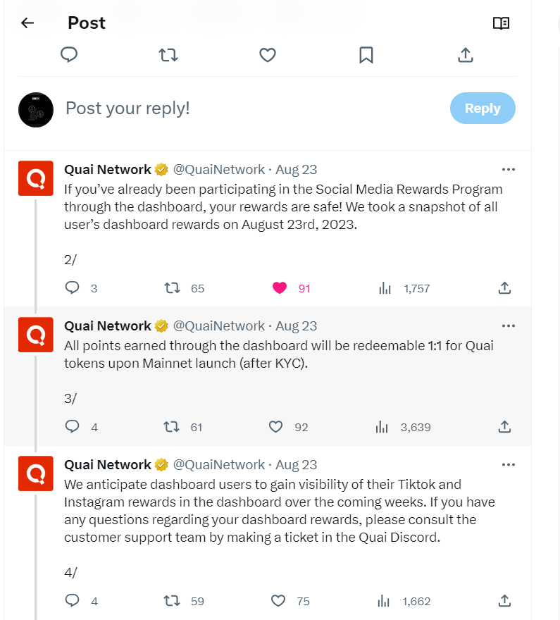 Rainers Lab Edition 4

with <a href="/QuaiNetwork/">Quai Network ⚡️💵</a>

First of all, congratulations to whoever participated in the last concluded Social Media Reward Program by #QuaiNetwork.

The team in the image attached certifies your earned Quai during the program will be redeemable 1:1 on mainnet.
