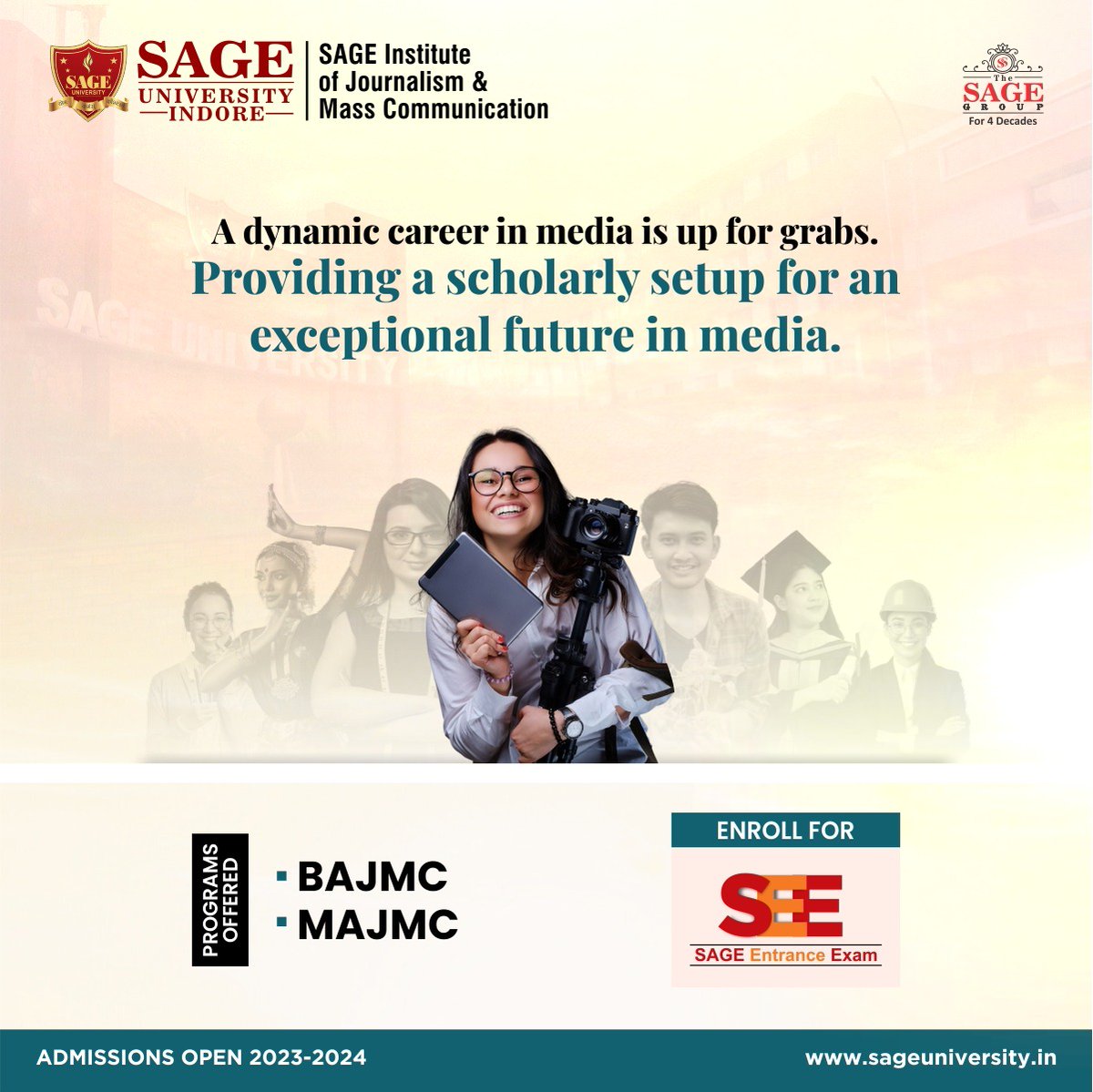 SAGE_INDORE's tweet photo. Incept a rewarding glamorous career ahead with SAGE Institute of Journalism & Mass Communication
Appear for #SEE
🌐 : https://t.co/8uoAOfik9E
#BAJMC #MAJMC #Journalism #MassCom #SAGEUniversity #SAGEUniversityIndore #SAGEIndore #TopUniversityInMP #BestUniversityInIndore https://t.co/4QeXV546jV
