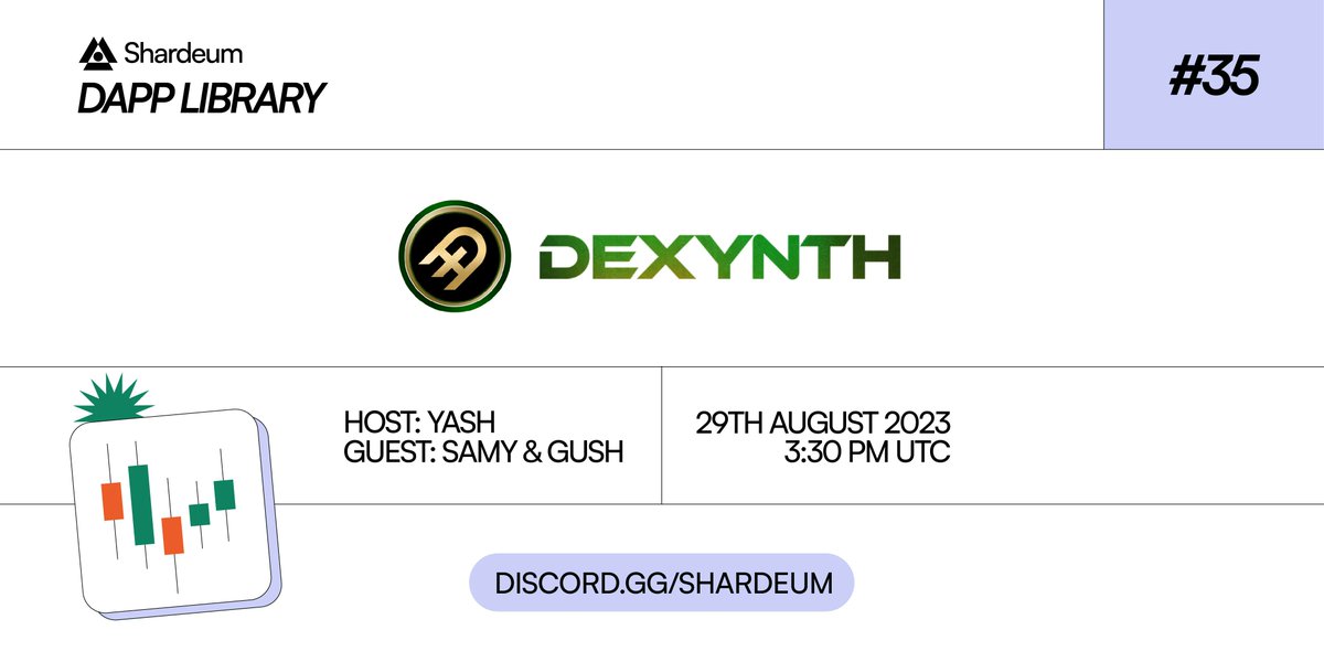 shardeum's tweet image. #DappLibrary #35: @DEXYNTH

@yashjhade meets Samy &amp;amp; Gush to learn about the DeFi synthetics trading protocol providing exposure to 100+ synthetic asset pairs including forex, stock, commodities, index &amp;amp; crypto using a USDT counterparty vault.

Tune in ⏩ discord.gg/shardeum