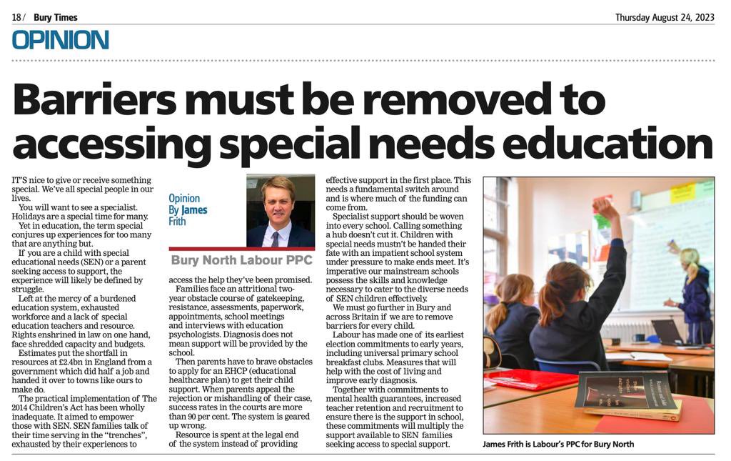 My latest <a href="/BuryTimes/">Bury Times</a> column speaks to the ongoing struggle facing children with special educational needs or disabilities and their families in our education system. #SEND #SEN