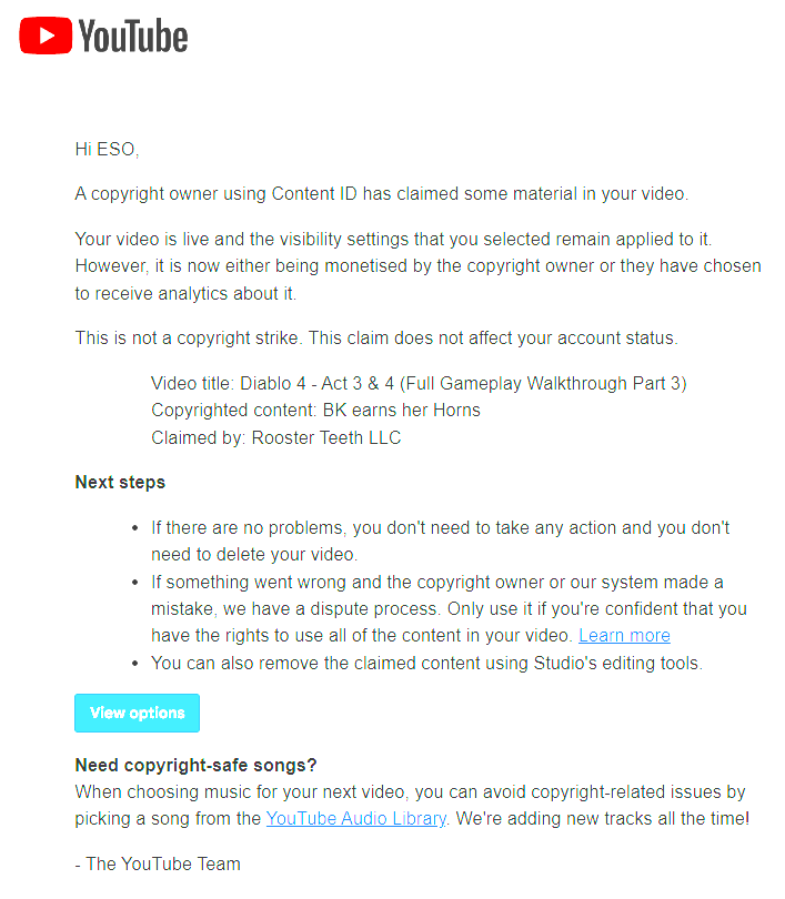 eso_danny's tweet photo. Why is Rooster teeth copyright claiming the revenue my Diablo 4 live streams on YouTube.

They seem to think that they own the rights to the Diablo 4 cinematics 😂

@RoosterTeeth can you withdraw your false claims. https://t.co/4tFxGmVHz4